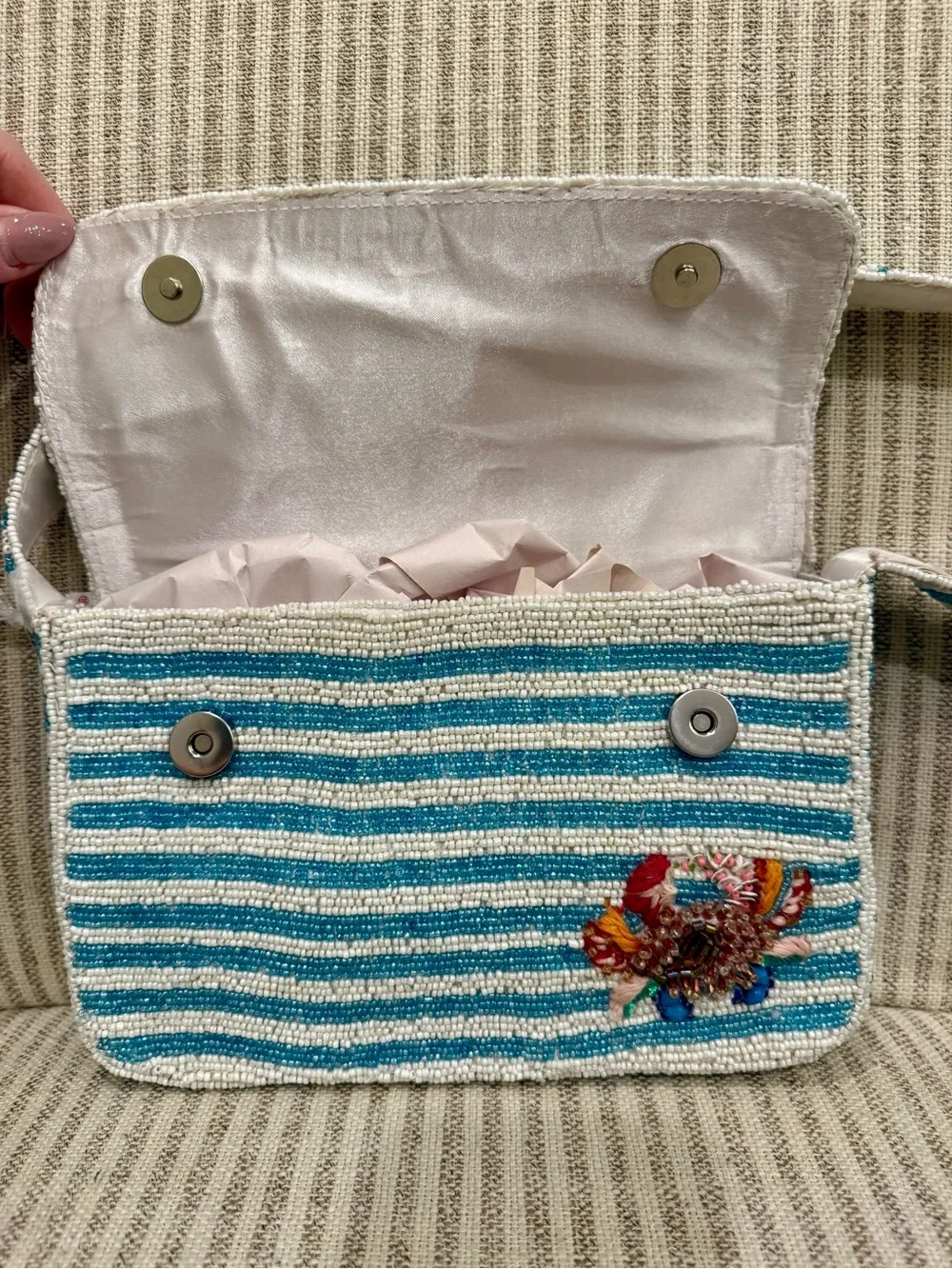 Beaded Blue & White Striped beaded Bag with crab Embellishments #boho #sealife